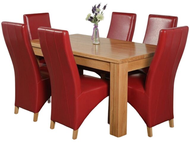Dakota 152 x 87cm Medium Oak Dining Table and 6 Lola Leather Chairs Red Red