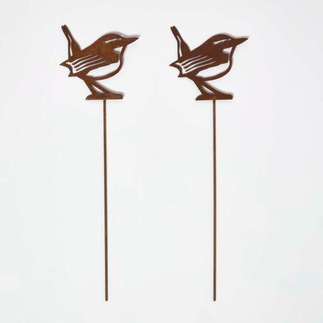 Homescapes Steel Eurasian Wren Garden Stake Decorations, Set of 2