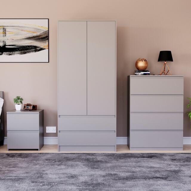 Vida Designs Denver 3 Piece Bedroom Set (2 Drawer Large Bedside Chest, 4 Drawer Chest, 2 Door 2 Drawer Wardrobe), Grey Grey Grey L 3