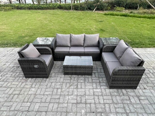 Fimous Patio Garden Furniture Sets Wicker 6 Seater Outdoor Rattan Furniture Sofa Sets with Rectangular Coffee Table Reclining Chair 3 Seater Sofa 2 Side Tables