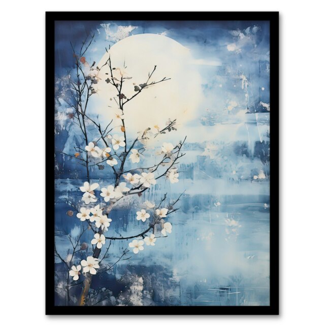 Flowering Almond Tree Blossom Misty Morning Sun Black Framed Wall Art Print A4