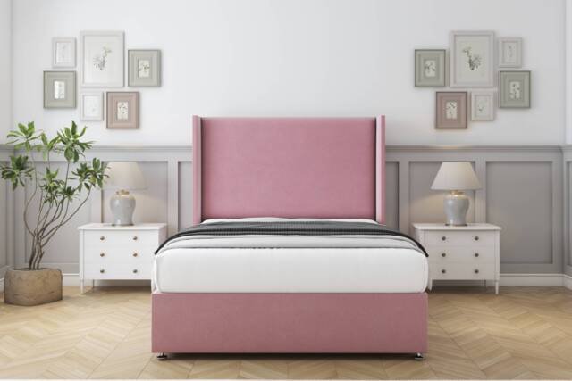 "Sloomy Devonshire Pink Plush Divan Bed With Mattress 2 Drawers Footend With 54"" Wingback Headboard 4'6 Double Pink Pink Double 1"