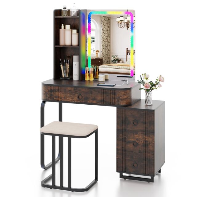 COSTWAY RGB Vanity Table Set Bedroom Dressing Table Mirror Lights Brown