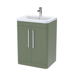 Floor Standing 2 Door Vanity Unit with Ceramic Basin - 600mm - Satin Green Green