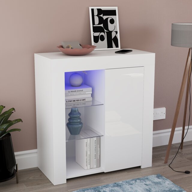 Vida Designs Azura 1 Door LED Sideboard Buffet Cabinet Storage, White White 1