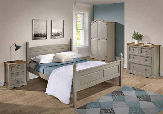 Mercers Furniture Corona Grey Wax 4'6 High End Double Bed Frame Solid Wood Pine Wooden with Mexican Styling
