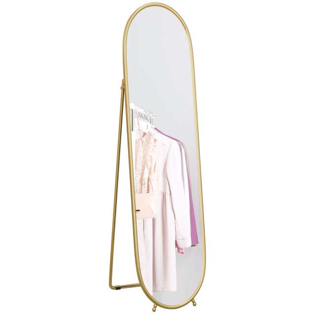 HOMCOM Oval Full Length Mirror with Metal Frame Hanging or Leaning Gold Tone Gold Gold Tone