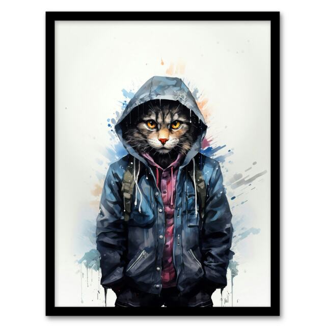 Street Cat Watercolour Pet Portrait Boys Bedroom Black Framed Wall Art Print A4