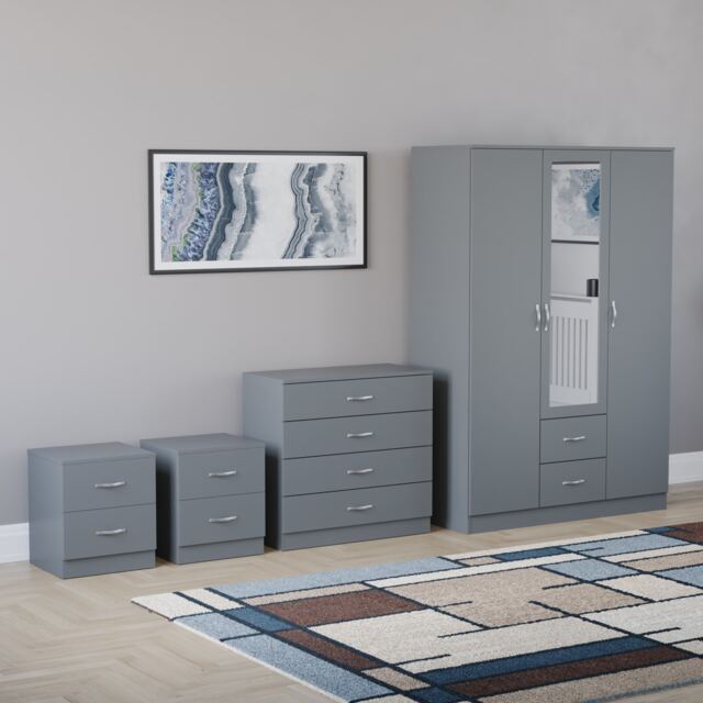 Vida Designs Riano 4 Piece Bedroom Set (2x 2 Drawer Bedside Chest, 4 Drawer Chest, 3 Door 2 Drawer Mirrored Wardrobe) - Grey