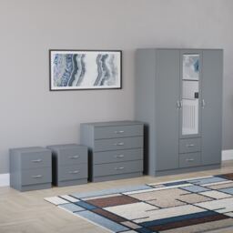 Vida Designs Riano 4 Piece Bedroom Set (2x 2 Drawer Bedside Chest, 4 Drawer Chest, 3 Door 2 Drawer Mirrored Wardrobe) - Grey