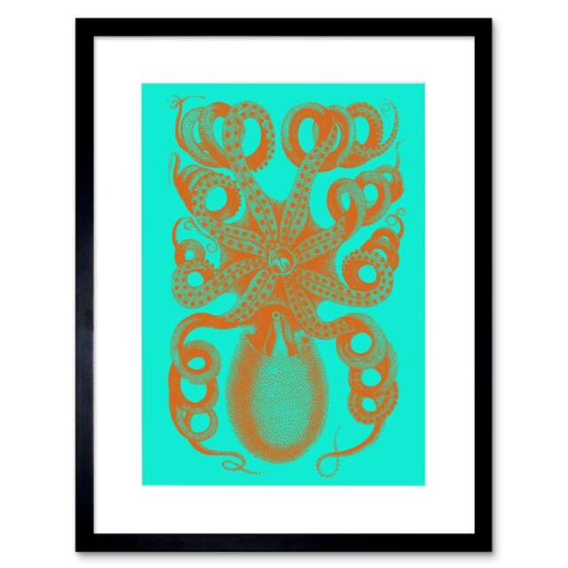 "Octopus Vivid Turquoise Orange Sea Life Design Bathroom 9x7"" Black Framed Wall Art Print"