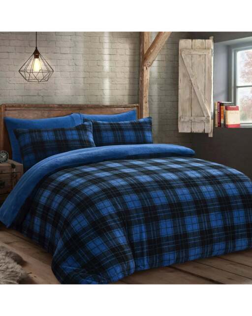 Velosso Check Teddy Fluffy and Warm Fleece Duvet Cover Set Blue Blue Single