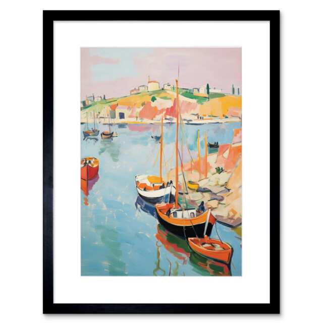 "Boats Harbour Fishing Village Coastal 9x7"" Black Framed Wall Art Print"