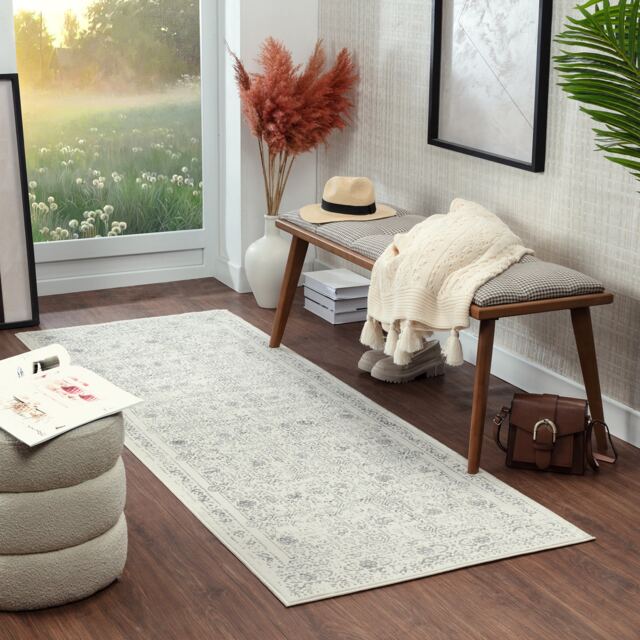 LIVABLISS Roma-Vintage Traditional Boho Rug 69 x 221 cm Grey Cream Ivory
