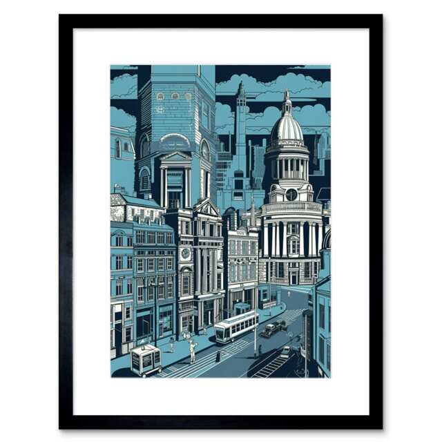 "Belfast Cityscape City Centre Hall Style 9x7"" Black Framed Wall Art Print"
