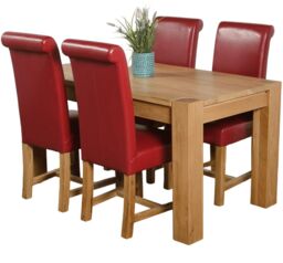Kuba 150 x 85 cm Medium Oak Dining Table and 4 Washington Leather Chairs Red Red