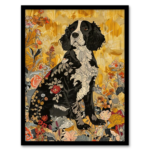 Spaniel Wildflowers Dog Portrait Floral Animal Black Framed Wall Art Print A4