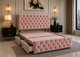 Divan Bed with Upholstered Headboard & Footboard Base 4FT Small Double Pink Coniston 2 Drawers Storage Left Side in Bed