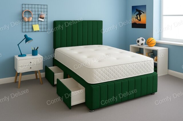 Green Plush 3ft Single Divan Bed Set Headboard & Footboard - 2 Drawers Left Side Laying in Bed