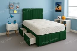 Green Plush 3ft Single Divan Bed Set Headboard & Footboard - 2 Drawers Left Side Laying in Bed