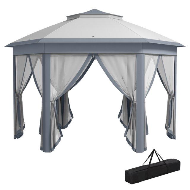 Outsunny 3x4m Hexagon Gazebo w/ Mesh Curtains Outdoor Garden, Grey Grey