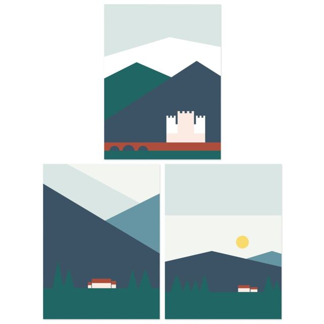 Set of 3 Bold Scottish Mountain Countryside House Castle Landscape Wall Art Print A4
