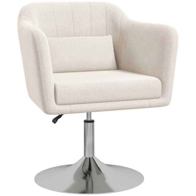 HOMCOM Swivel Linen Fabric Accent Chair for Living Room Contemporary Vanity Armchair with Adjustable Height Thick Cushion Lumbar Support Armrest for Bedroom Office Cream White