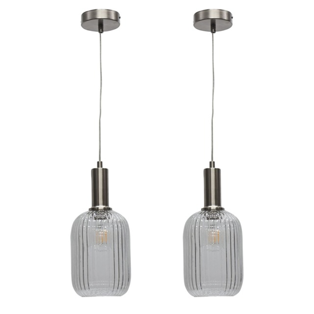 Set of 2 Batley - Clear Ribbed Glass Satin Nickel Deco Pendants