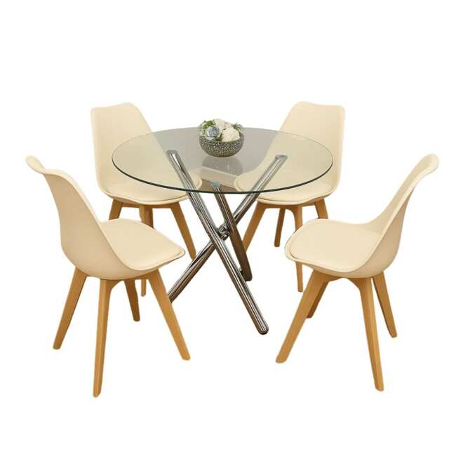 Round Clear Glass Dining Table with Chrome Metal Legs and 4 Cream Leather Plastic Chairs, Modern Dining Set