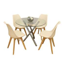 Round Clear Glass Dining Table with Chrome Metal Legs and 4 Cream Leather Plastic Chairs, Modern Dining Set