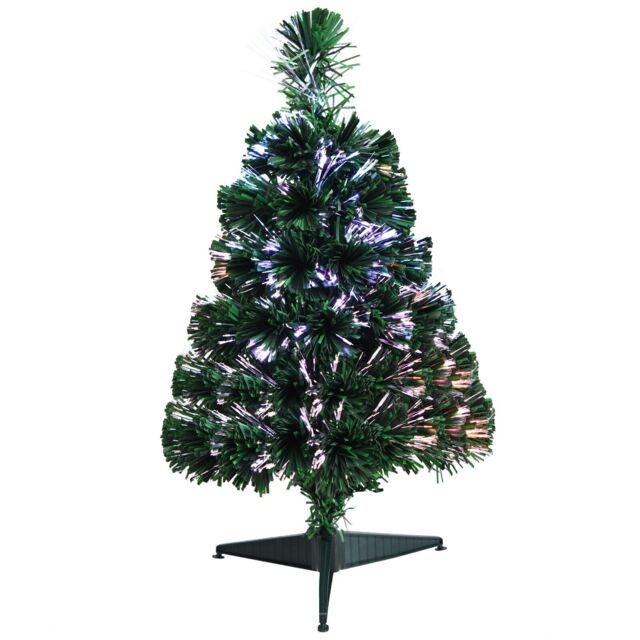 COSTWAY 2FT Pre-Lit Christmas Tree Mini Fiber Optic Tree with Triangular Plastic Base