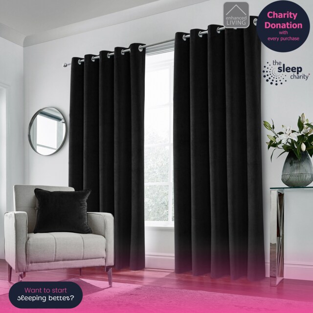 Luxury Enhanced Living Black Velvet, Supersoft, Blackout, Thermal Pair of Curtains with Eyelet Top - 46 x 72 inch (117x183cm)