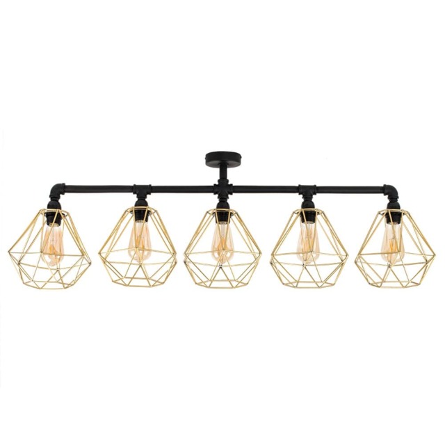 ValueLights Industrial 5 Way Satin Black Pipework Ceiling Light With Gold Cage Shades Black