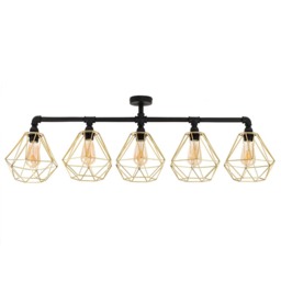 ValueLights Industrial 5 Way Satin Black Pipework Ceiling Light With Gold Cage Shades Black