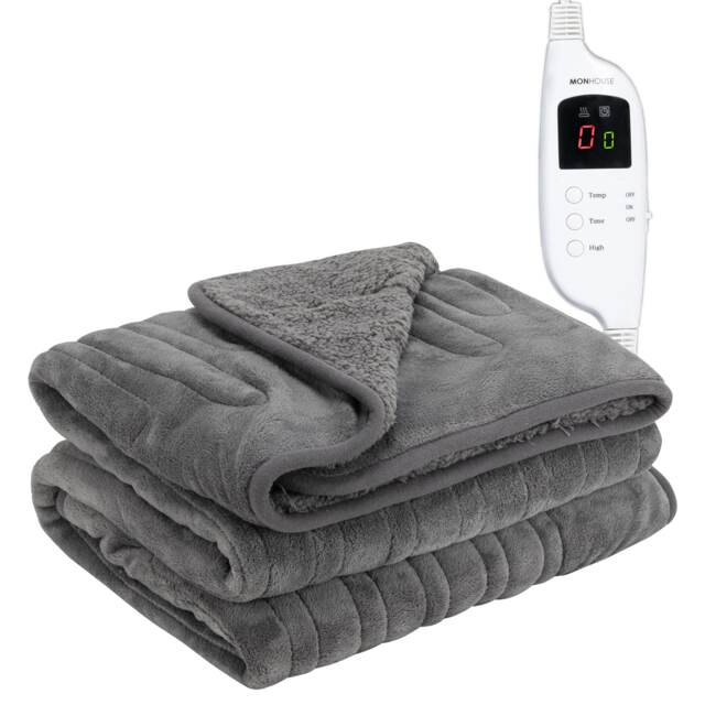 Monhouse Heated Throw - Electric Blanket - Digital Controller - 9H Timer, 9 Heat Settings, Auto Shutoff - Single 130X160Cm Grey Dark Grey Shearling 1