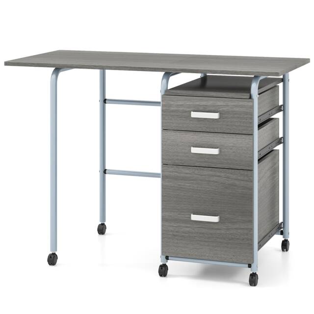 COSTWAY Folding Computer Desk Wheeled Home Office Furniture with 3 Drawers-Grey