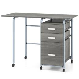 COSTWAY Folding Computer Desk Wheeled Home Office Furniture with 3 Drawers-Grey