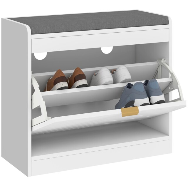 HOMCOM Shoe Bench with 1 Flip Drawer, Cushion, 5 Pairs for Entryway White White White