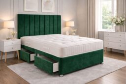 Small Single Green Plush Divan Bed With Panel 26inch Headboard and Mattress 2 Drawers Same Side