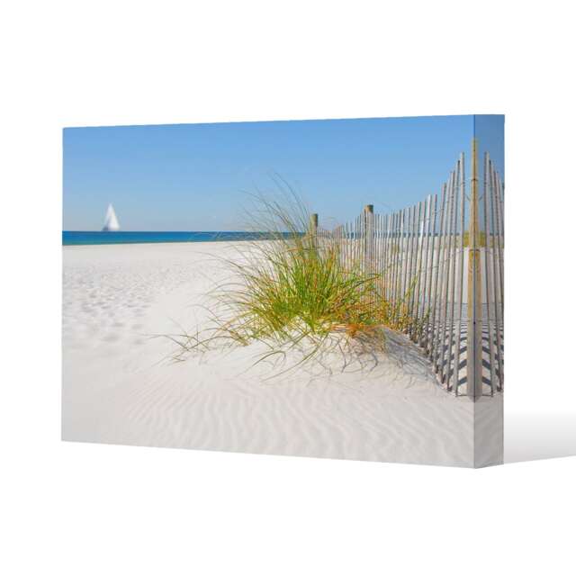 dune fence by sea grass with sailboat on horizon (Canvas Print) / 114 x 77 x 4cm Multi