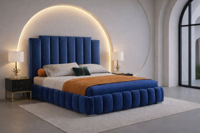 6ft Superking Blue Plush Velvet Tower Panel Bed Frame