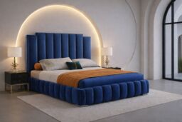 6ft Superking Blue Plush Velvet Tower Panel Bed Frame
