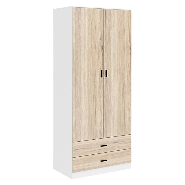2-Door 2-Drawer Wardrobe with Storage Shelf, and Hanging Space - 180x75x46cm White White & Oak 1