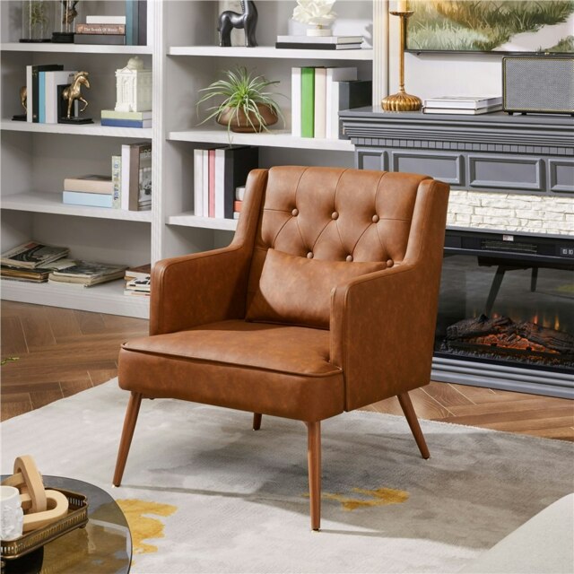 Yaheetech Button-Tufted PU Leather Accent Chair with Pillow Cushion Brown Retro Brown
