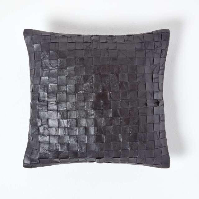 Homescapes Black Real Leather Basketweave Check Suede Cushion with Feather Filling - 45 x 45 cm Black Check Black 1