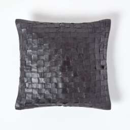 Homescapes Black Real Leather Basketweave Check Suede Cushion with Feather Filling - 45 x 45 cm Black Check Black 1