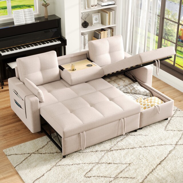 L Shaped 3 Seater Pull-Out Sofa Bed with Reversible Chaise and Storage, Beige