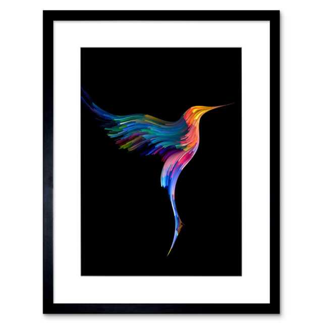 "Colourful Rainbow Hummingbird Abstract Bird On Black 9x7"" Black Framed Wall Art Print"