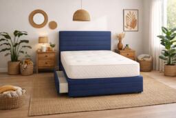 Divan Bed Set Headboard and Footboard with Mattress 4ft6 Double Navy Blue Suede Storage No Drawers