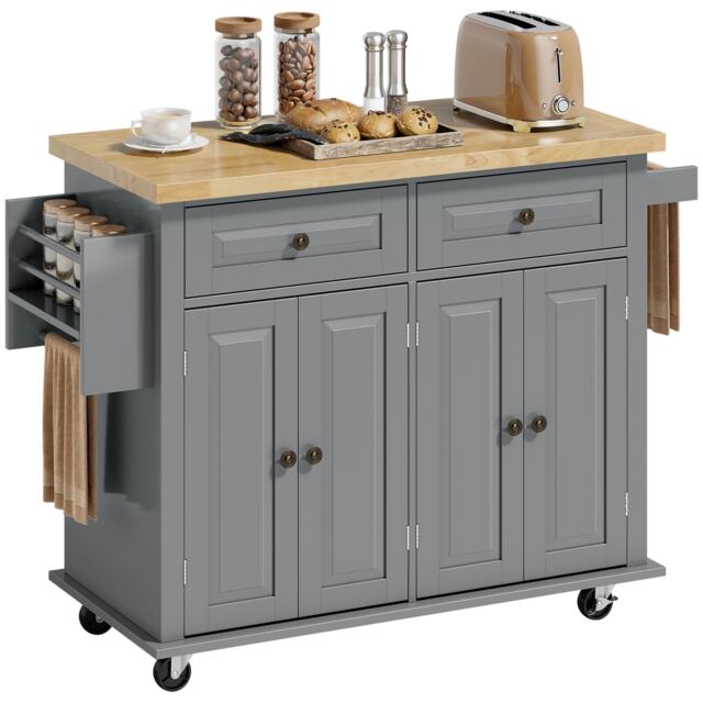 HOMCOM Rolling Kitchen Island Cart with Rubber Wood Top, Spices Grey Grey